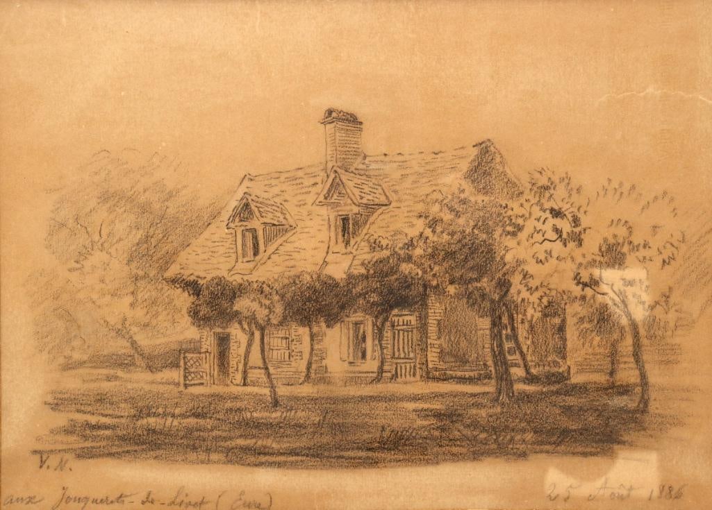French School (19th C.) "French Country House" Charcoal on Paper (1 of 4)
