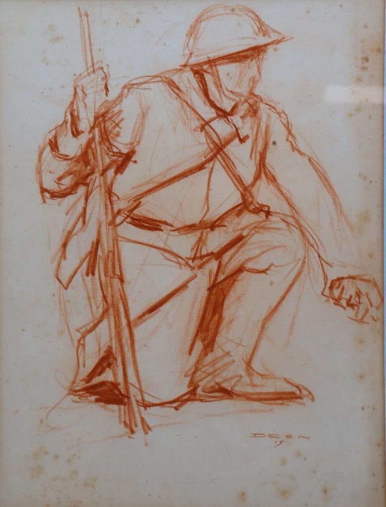 Deon (20th C.) "Study of a Soldier" Sanguine on Paper: Deon (20th C.) Study of a Soldier Sanguine on paper Depicting a kneeling soldier holding a rifle. Signed “Deon” lower right. Measurements approx. - 17 1/2 in. high × 14 1/4 in. wide w