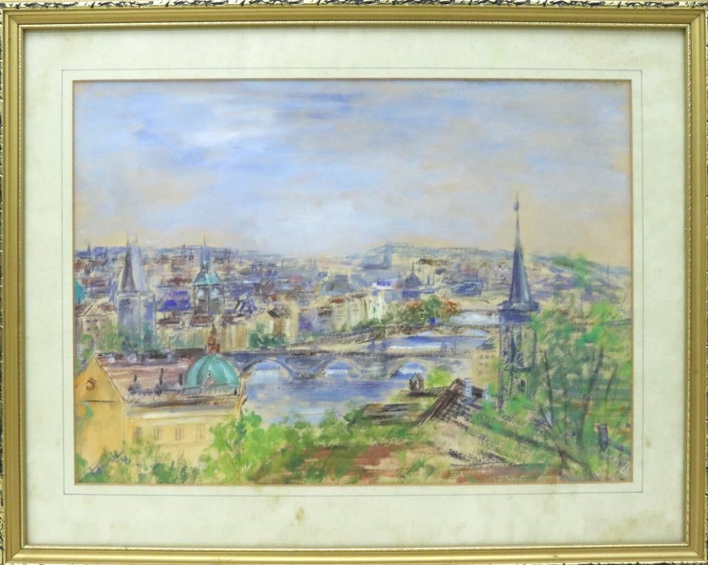 Kotvalt (Czech, 20th) Pastel on Paper: Kotvalt (Czech, 20th Century) Prague Cityscape Pastel on paper Depicting a panoramic view of Prague with the Vltava River, bridges, rooftops, and church spires. Signed “Kotvalt” lower left