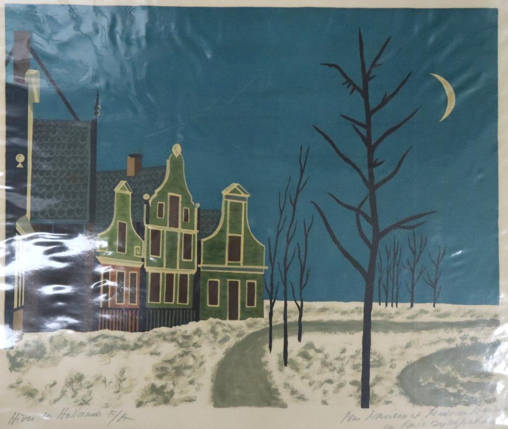 Jean Picart Le Doux (French, 1902–1982) “Hiver en Hollande” Color Lithograph: Jean Picart Le Doux (French, 1902–1982) “Hiver en Hollande” Color lithograph on paper Depicting a stylized winter village scene in Holland beneath a crescent moon. Signed and dedicat
