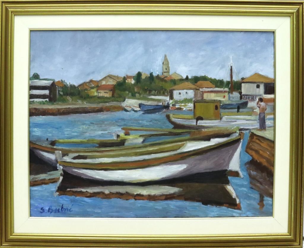S. Brebrić (Croatian, 20th C.) “Ugljan” Oil on Canvas: S. Brebrić (Croatian, 20th Century) “Ugljan” Oil on canvas Depicting fishing boats along the waterfront on the Croatian island of Ugljan. Signed “S. Brebrić” lower le