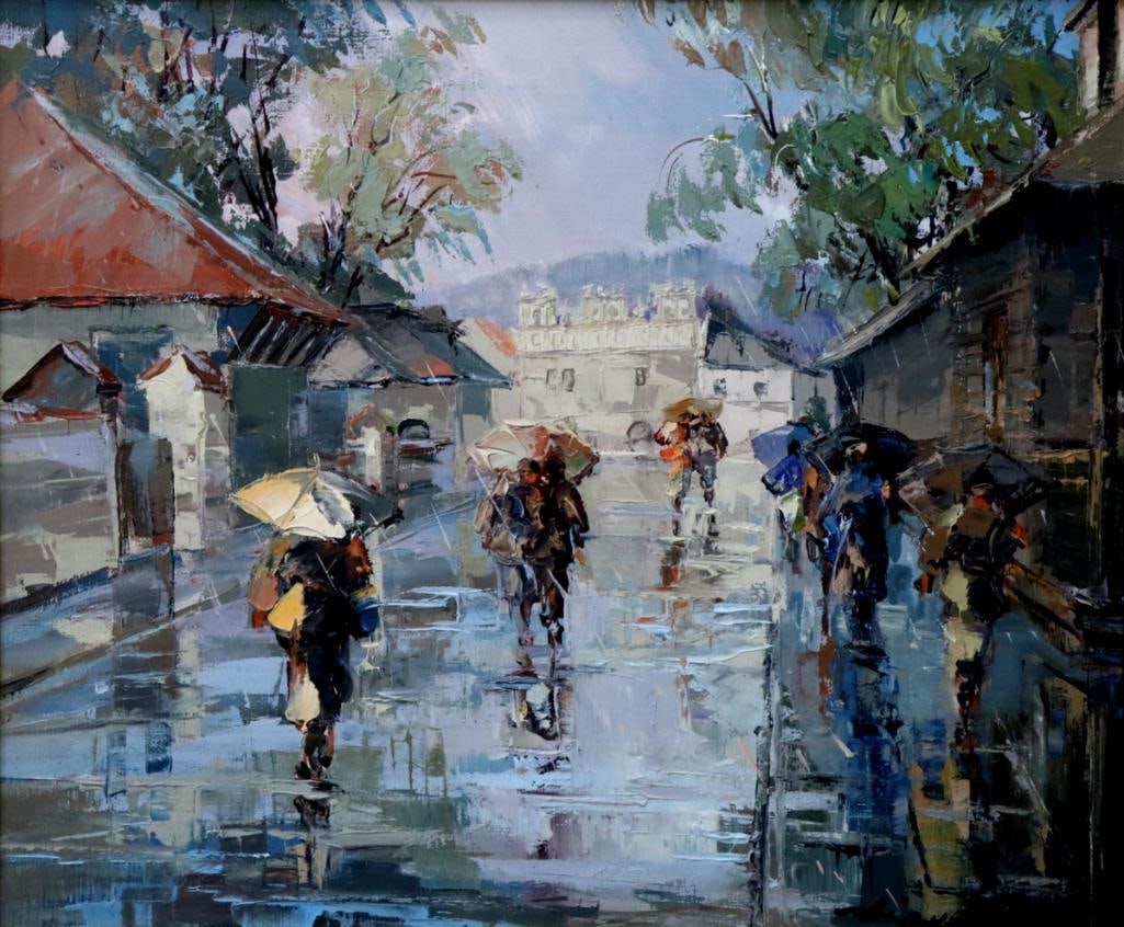 Polish School (20th C.) Oil Painting on Canvas: Polish School (20th C.) Rainy Street Scene Oil on canvas Depicting figures with umbrellas along a rain-soaked Polish street, executed with expressive palette-knife work and heavy impasto. Signed lower
