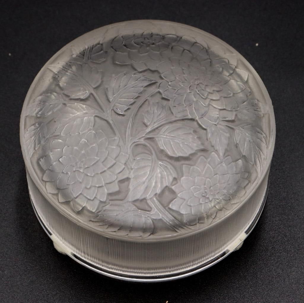 Lalique “Meudon” Dahlia Crystal Powder Box: Lalique (French, est. 1888) “Meudon” Dahlia Powder Box Frosted and clear crystal Antique Lalique crystal powder box featuring a domed frosted lid molded in relief with overlapping dahlia b