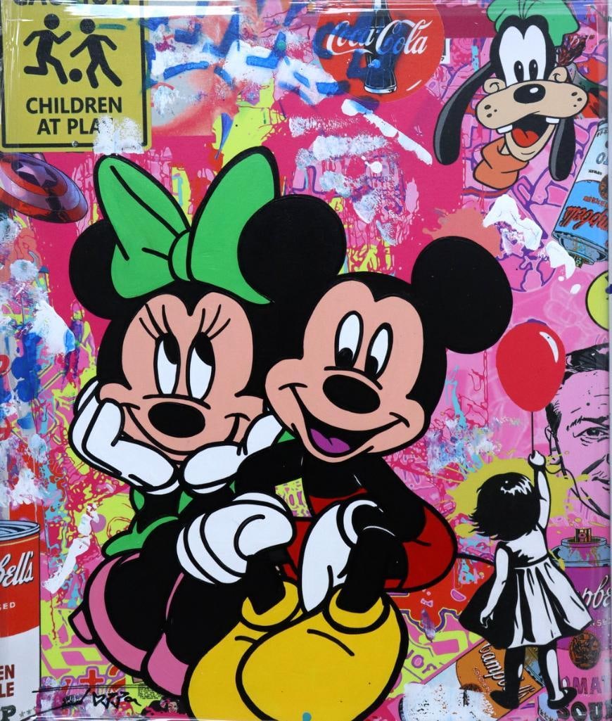 Jozza (Brazilian, b. 1958) Mickey & Minnie Mouse Mixed Media: Jozza (Brazilian, b. 1958) Mickey & Minnie Mouse Mixed media on canvas Colorful Pop Art composition depicting Mickey and Minnie Mouse against a layered graffiti-style background incorporating popu