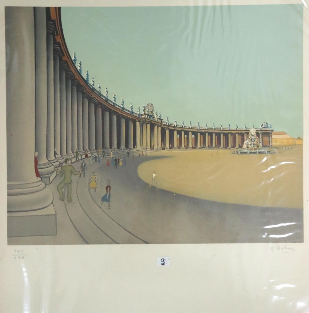 Georges Rohner (French, 1913–2000) “Rome, Place du Vatican” Color Lithograph: Georges Rohner (French, 1913–2000) “Rome, Place du Vatican” Color lithograph on paper Depicting St. Peter’s Square and its sweeping colonnade in Vatican City. Signed “G.