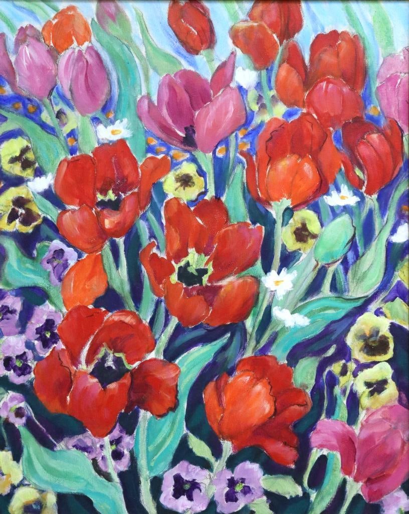 Simone Lipscomb (American, 20th C.) Oil on Canvas: Simone Lipscomb (American, 20th century) Floral Still Life Oil on canvas Vibrant floral composition depicting red, pink, and purple tulips interspersed with pansies and small white flowers against a