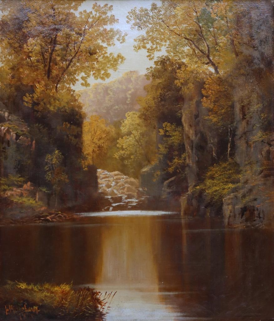 Francis Muschamp (British, 1851–1929) “A Quiet Stream” Oil on Canvas: Francis Sydney Muschamp (British, 1851–1929) “A Quiet Stream” Oil on canvas Circa 1878 Wooded landscape depicting a quiet stream surrounded by dense trees and rocky banks, with a sma