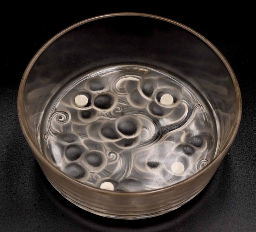 René Lalique (French, 1860–1945) “Marienthal” Glass Bowl: René Lalique (French, 1860–1945) “Marienthal” Bowl Frosted and clear glass Art Deco glass bowl of circular form featuring molded floral decoration to the base, with clusters of 