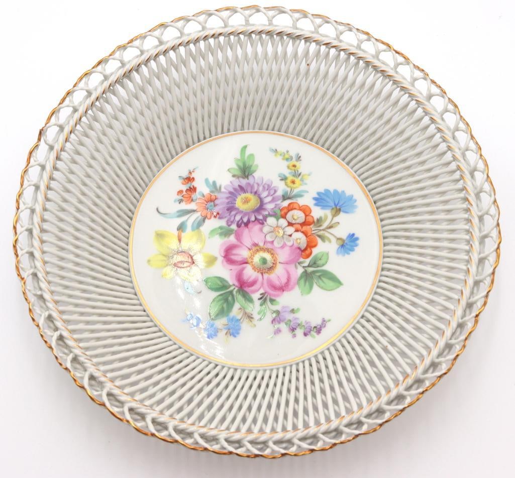 Dresden Hand-Painted Porcelain Reticulated Floral Bowl: Dresden Hand-Painted Porcelain Reticulated Floral Bowl Porcelain bowl with an openwork reticulated border, hand-painted polychrome floral bouquet to the center, and gilt accents along the rim and open
