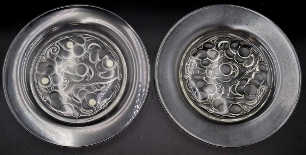 René Lalique (French, 1860–1945) “Marienthal” Glass Plates: René Lalique (French, 1860–1945) “Marienthal” Plates Frosted and clear crystal Pair of circular crystal plates featuring molded floral decoration to the center, with clusters of