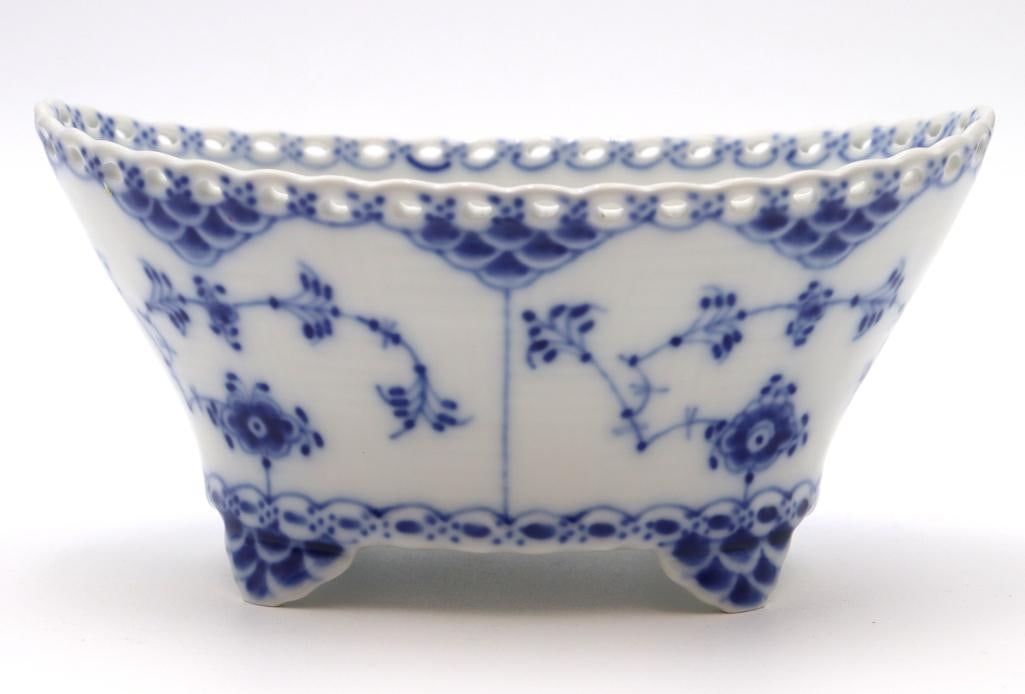 Royal Copenhagen “Blue Fluted Full Lace” Footed Porcelain Bowl: Royal Copenhagen “Blue Fluted Full Lace” Footed Porcelain Bowl, Model 1177 Vintage Royal Copenhagen porcelain footed bowl in the Blue Fluted Full Lace pattern, featuring hand-painted cobal