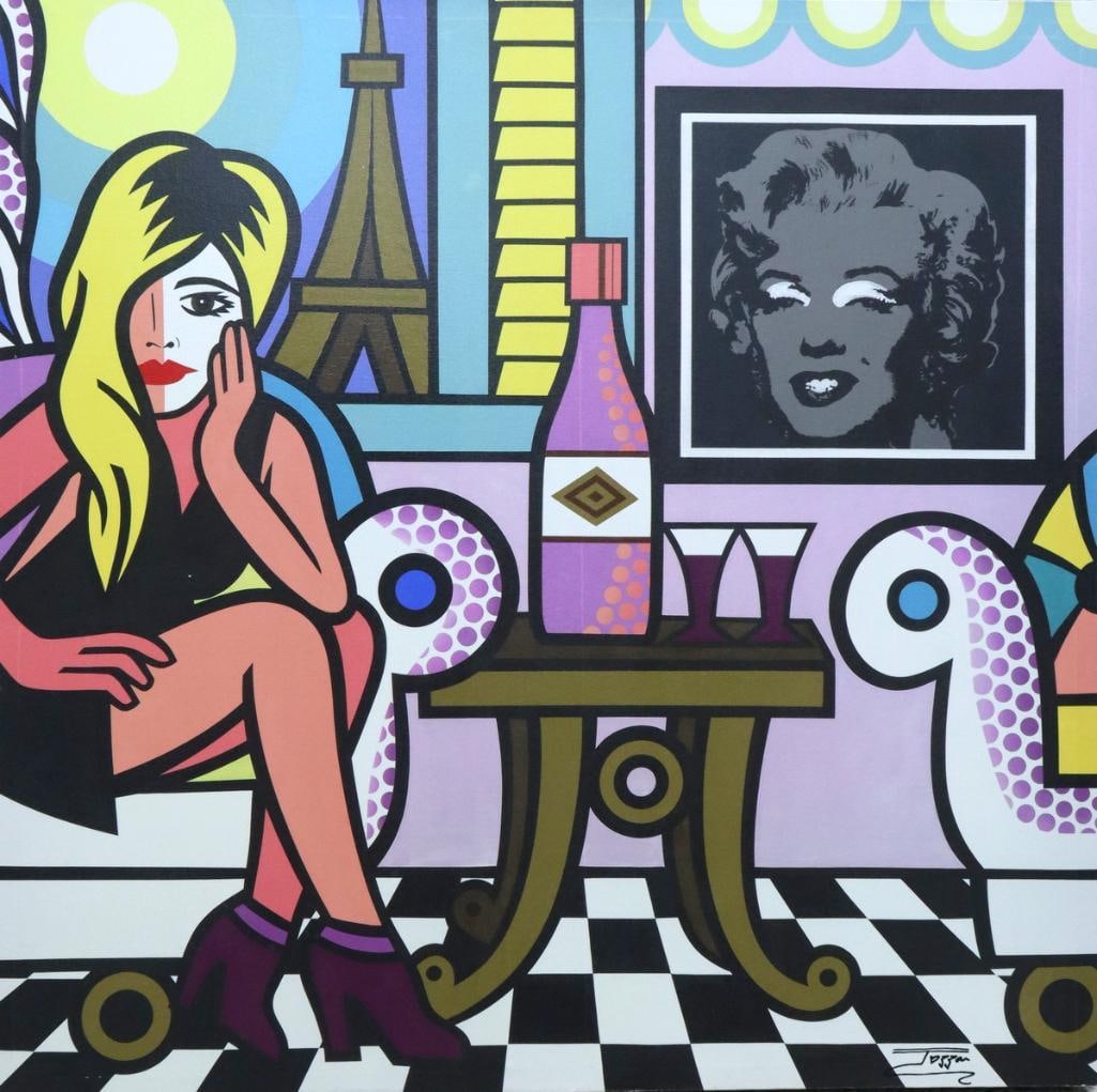 Jozza (Brazilian, b. 1958) “Paris Living Room” Mixed Media on Canvas: Jozza (Brazilian, b. 1958) “Paris Living Room” Mixed media on canvas, 2014 Colorful Pop Art composition depicting a Parisian interior with the Eiffel Tower and a portrait of Marilyn Monroe