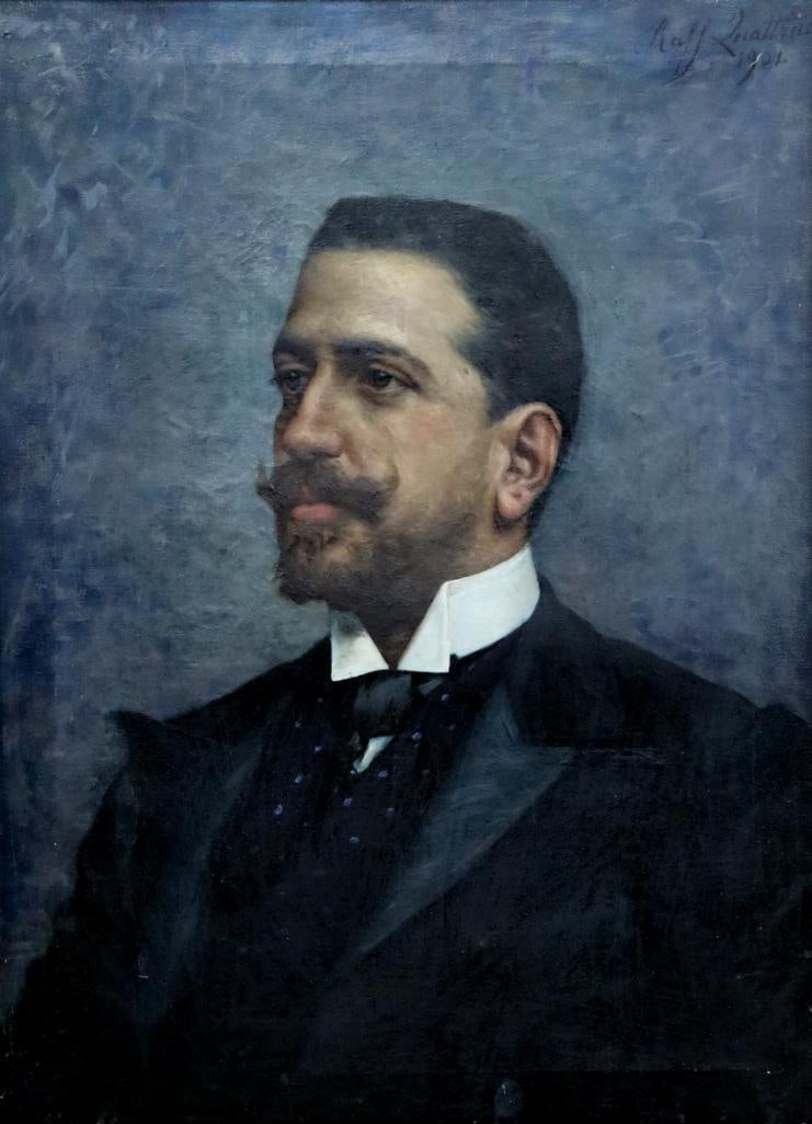 Rolf Quatrucci "Portrait of a Gentleman" Oil on canvas: Rolf Quatrucci Portrait of a Gentleman Oil on canvas 1901 Early 20th-century portrait depicting a gentleman in formal attire against an atmospheric blue-gray background. Signed upper right and dated 1