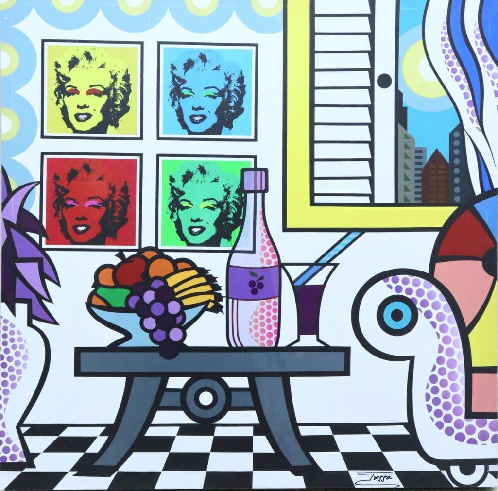 Jozza (Brazilian, b. 1958) “N.Y. Living Room” Mixed Media on Canvas: Jozza (Brazilian, b. 1958) “N.Y. Living Room” Mixed media, 2013 Pop Art composition depicting a New York-inspired interior with four colorful portraits of Marilyn Monroe. Limited edition, 
