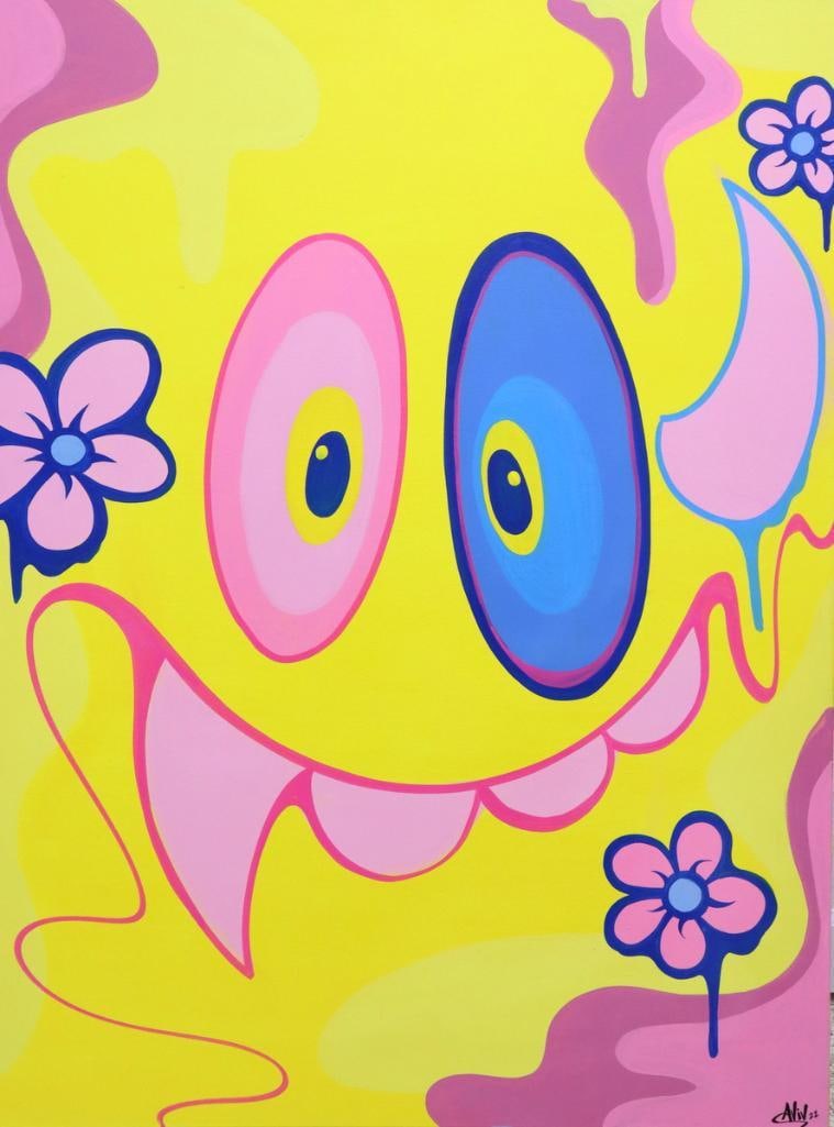 Benjamin Aviv (American, 20th C.)“1993” Acrylic and Spray Paint on Canvas: Benjamin Aviv (American, contemporary) “1993” Acrylic and spray paint on canvas, 2022 Original work depicting a stylized smiling face with floral motifs in a vibrant yellow, pink, and blue