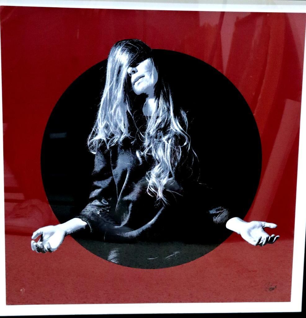 SNIK (British) “Fading Glow (Red)” Screenprint: SNIK (British) “Fading Glow (Red)” Screenprint, 2016 Artist’s proof. Stencil-style composition depicting a female figure against a red ground. Framed measurements approx. - 29 in. hi