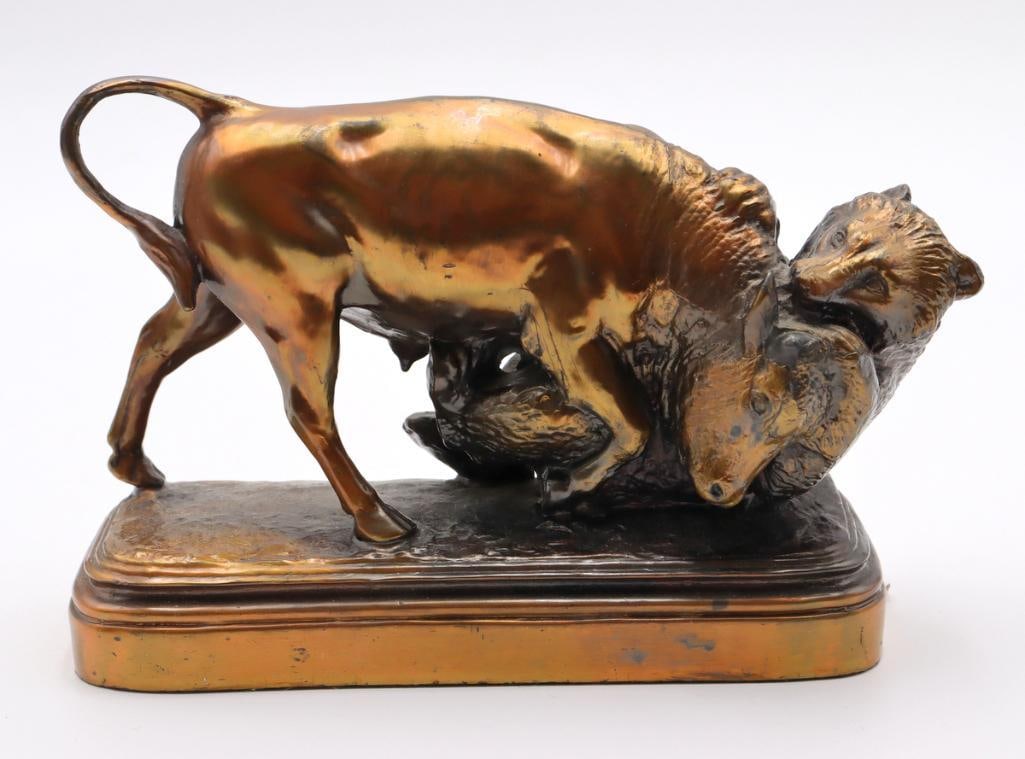 After Isidore Bonheur Bull and Bear Bronze Sculpture: After Isidore Bonheur (French, 1827–1901), Bull and Bear Bronze Sculpture Bronze sculpture after Isidore Bonheur depicting a bull and bear engaged in combat. Inscribed on base, “From the o