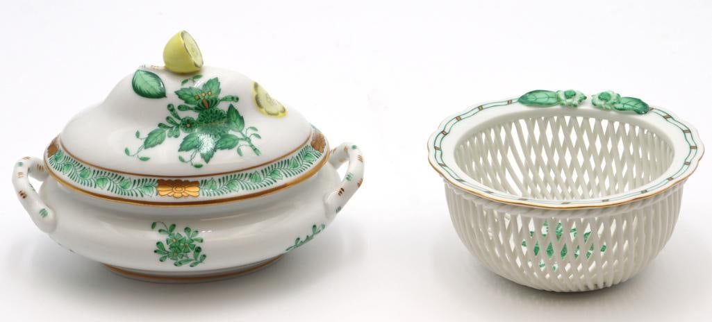 Herend “Green Bouquet” Porcelain Articles: Herend “Green Bouquet” Porcelain Articles Includes a miniature covered serving bowl with twin handles and lemon-form finial, and a reticulated openwork bowl. Decorated in the “Green 