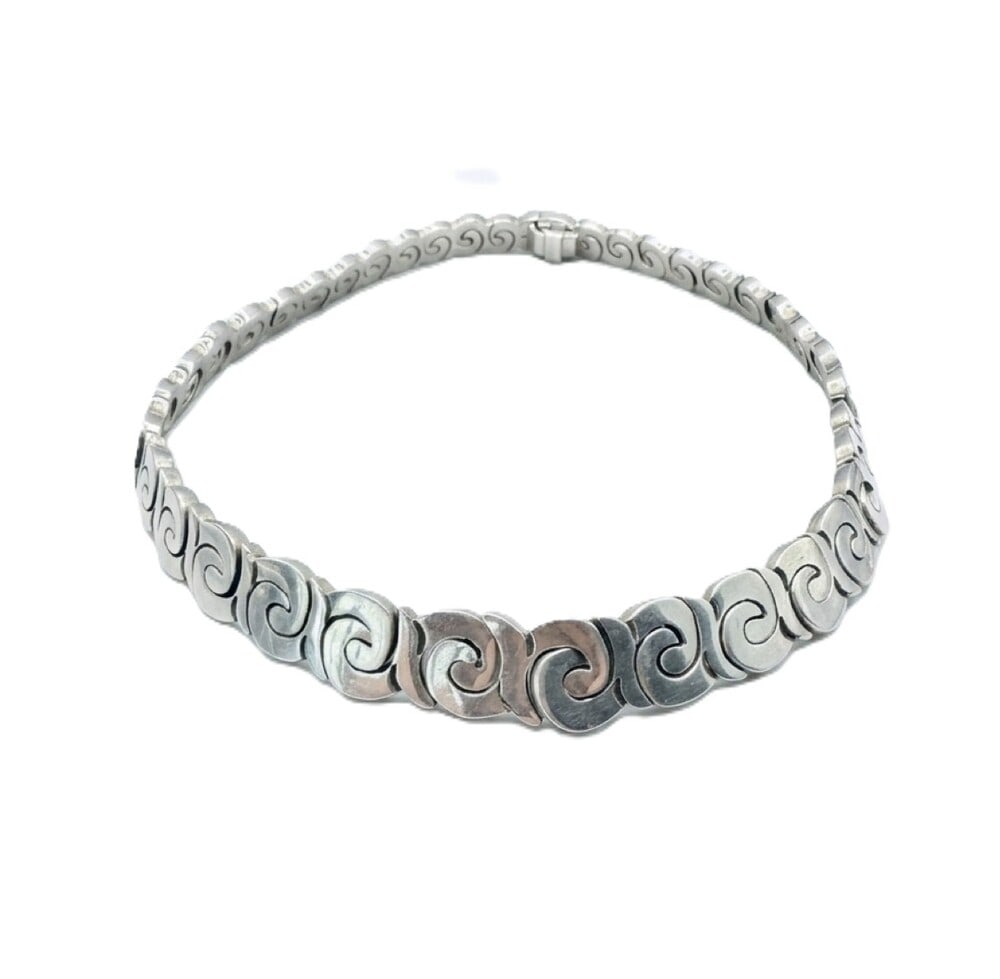 Taxco-stylized S necklace: Vintage Taxco scroll and bar necklace marked TJ-21Mexico 16 inches graduated design going from large to smaller