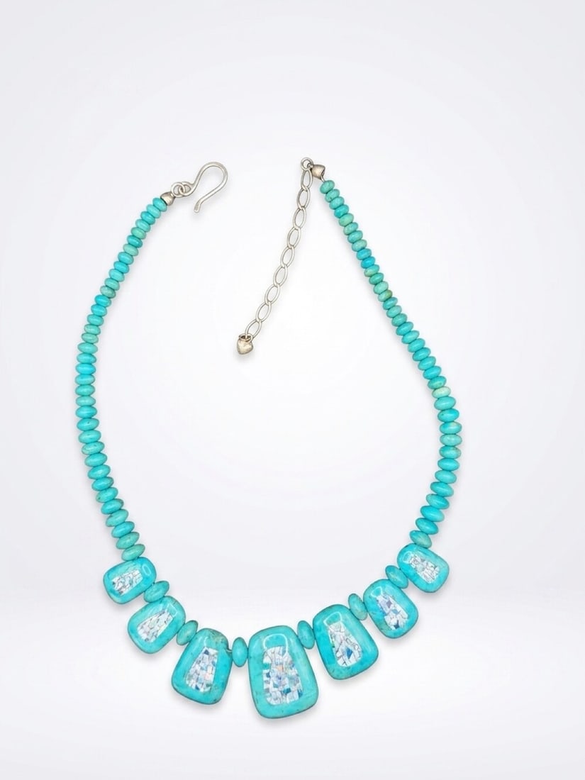 Turquoise and opal inlay necklace: 925 clasp with turquoise beads graduated to inlaid opal turquoise panels, Jking Mine 21 inches