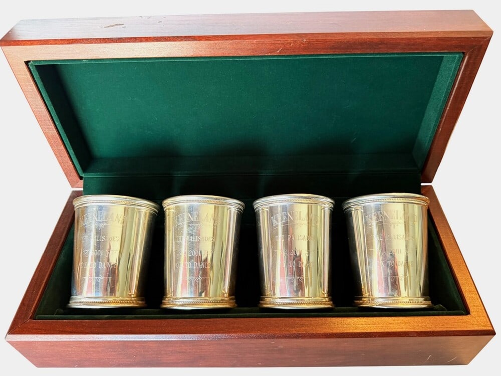 Sterling Mark J Scearce presidential mint julip cups presentation set: 4 Mark J Scearce George W Bush presidential mint julep cups in wooden case with sterling plaque presented to OK to Dance winner of the Keeland Farms 2001, The Palisades, all marked correctly 22.63