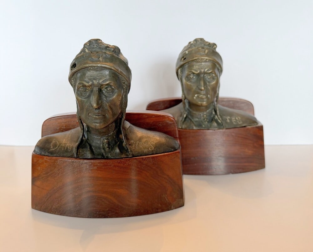 Vintage Tiffany & Co Dante bookends: A rare pair of Tiffany & Co bronze wood base bookends (Dante) marked Tiffany&Co on the wooden bases (1920-1925) limited production period