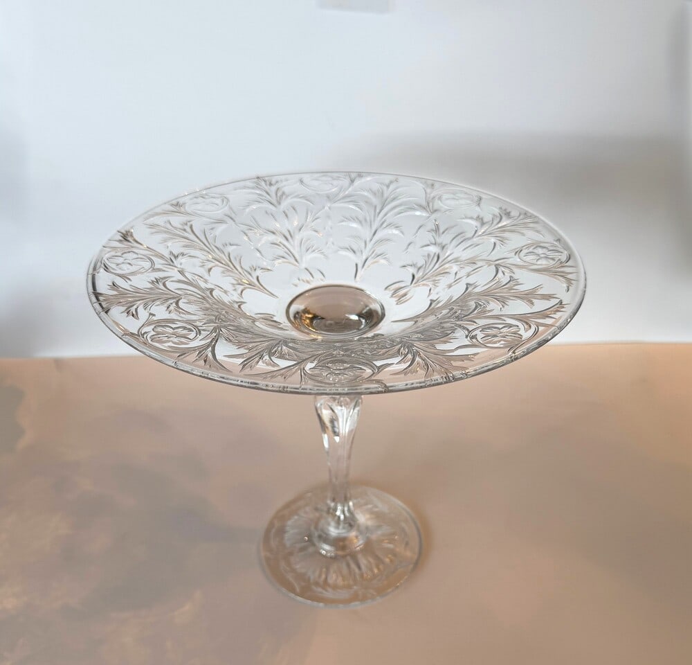 Vintage Pairpoint Tazza: Pairpoint compote/tazza honeycomb stem with floral trellis etched design, 6.25 tall