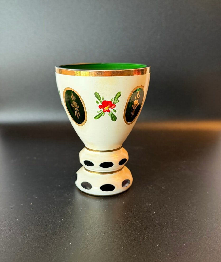Antique Bohemian cordial glass: Antique Bohemian white cased cut to green enamelled floral design cordial cup