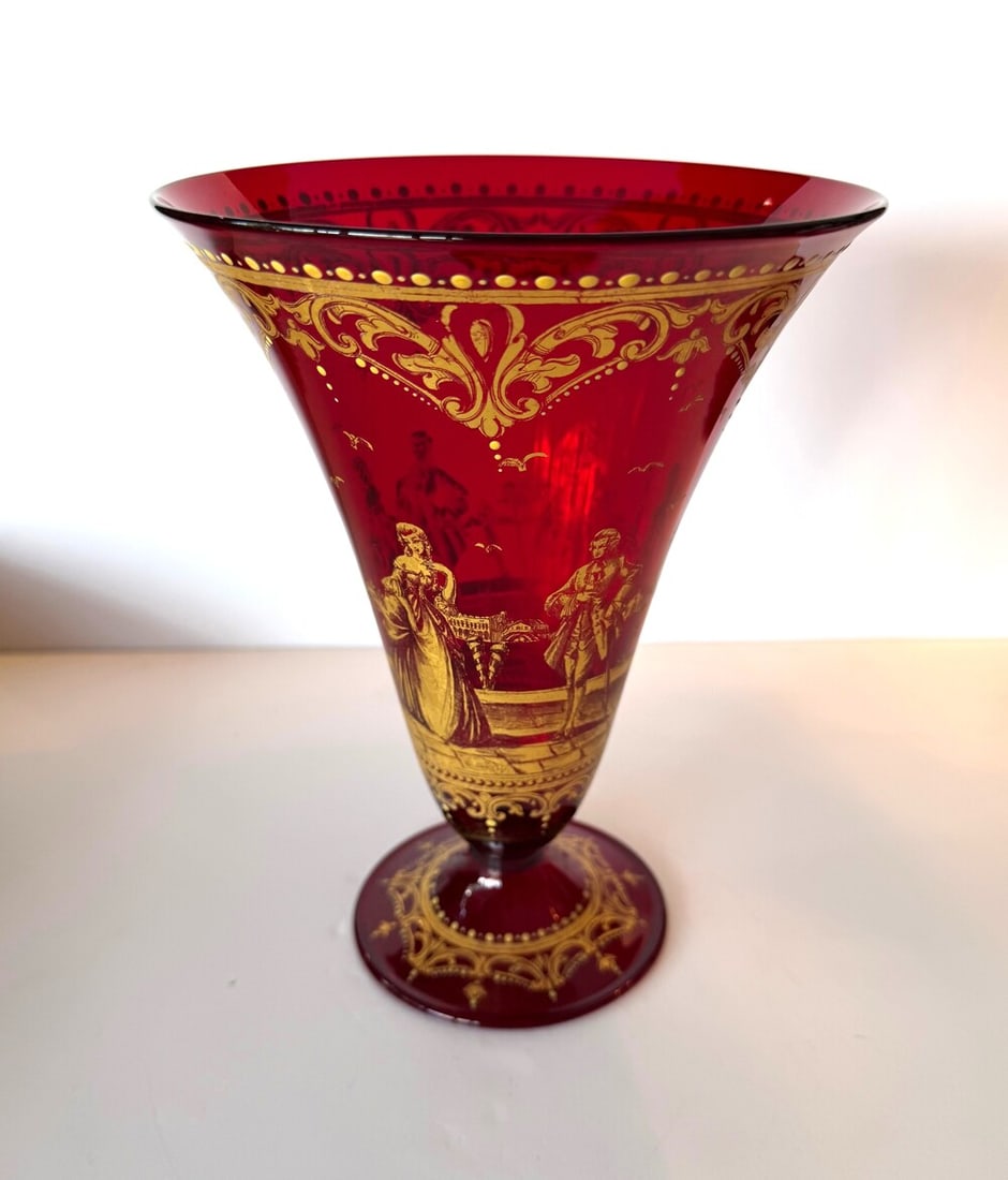 A antqiue salviati &co gilded ruby glass flared trumpet vase circa 1890-1900 (1 of 3)