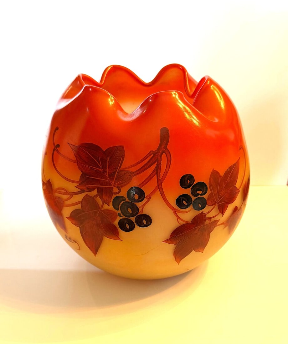 Massive Legras Art Nouveau enameled rose bowl: An impressive and substantial French Art Nouveau vase boule (ball-shaped vase) by Francois Theodore Legras,a vibrant multilayered glass body decorated with vine and grape clusters,circa 1900-1910 9inc