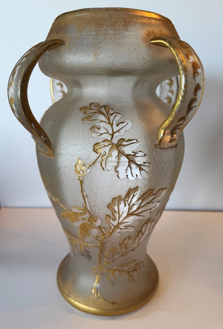 Rare Legras Mont-Joy/St Denis gilded oak cameo vase four handled urn vase 13" (1 of 4)