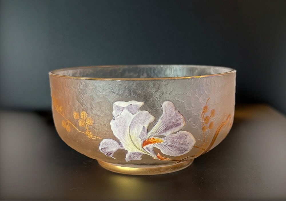Fine Mont-Joy /Legras enameled iris cameo glass bowl 6"wide: A beautiful and delicately executed acid cut cameo bowl hand decorated with stylized botanical motif highlighting a large fully blossomed iris flower on a chipped ice body with gold glit on base and
