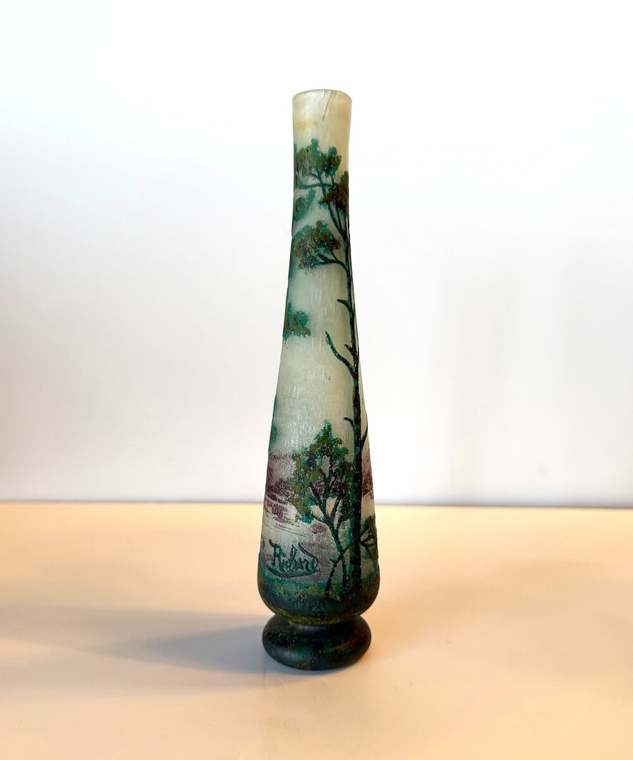 Lotez "Richard" Art Nouveau acid etched scenic cameo vase 8"inches: A finely carved acid etched cameo landscape vase produced by Loetz Witwe for the French luxury export market under the name Richard decorated with a forest landscape and lake sence singed Richard on b