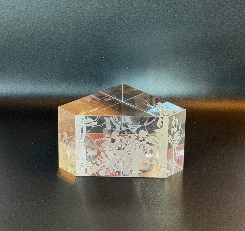 Vintage Steuben glass Golfers prism paperweight with dust bag: Steuben golfers prism paperweight with dust bag signed in script designed by Bernard X Wolff the art work captures multiple figures in active golf stances