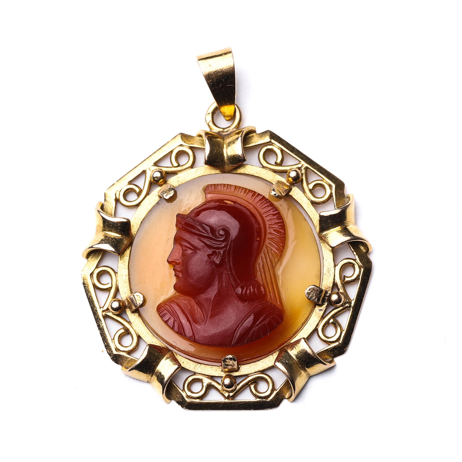 Napoleon III Period (1852-1870) French 18k Gold Cameo Pendant with Agate: Length: 1 5/8 in. (41 mm), Width: 1 1/4 in. (32 mm), Weight: 7.5 g This is a Napoleon III period (1852-1870) French 18K gold cameo pendant. It features a high-relief cameo of the goddess Athena,