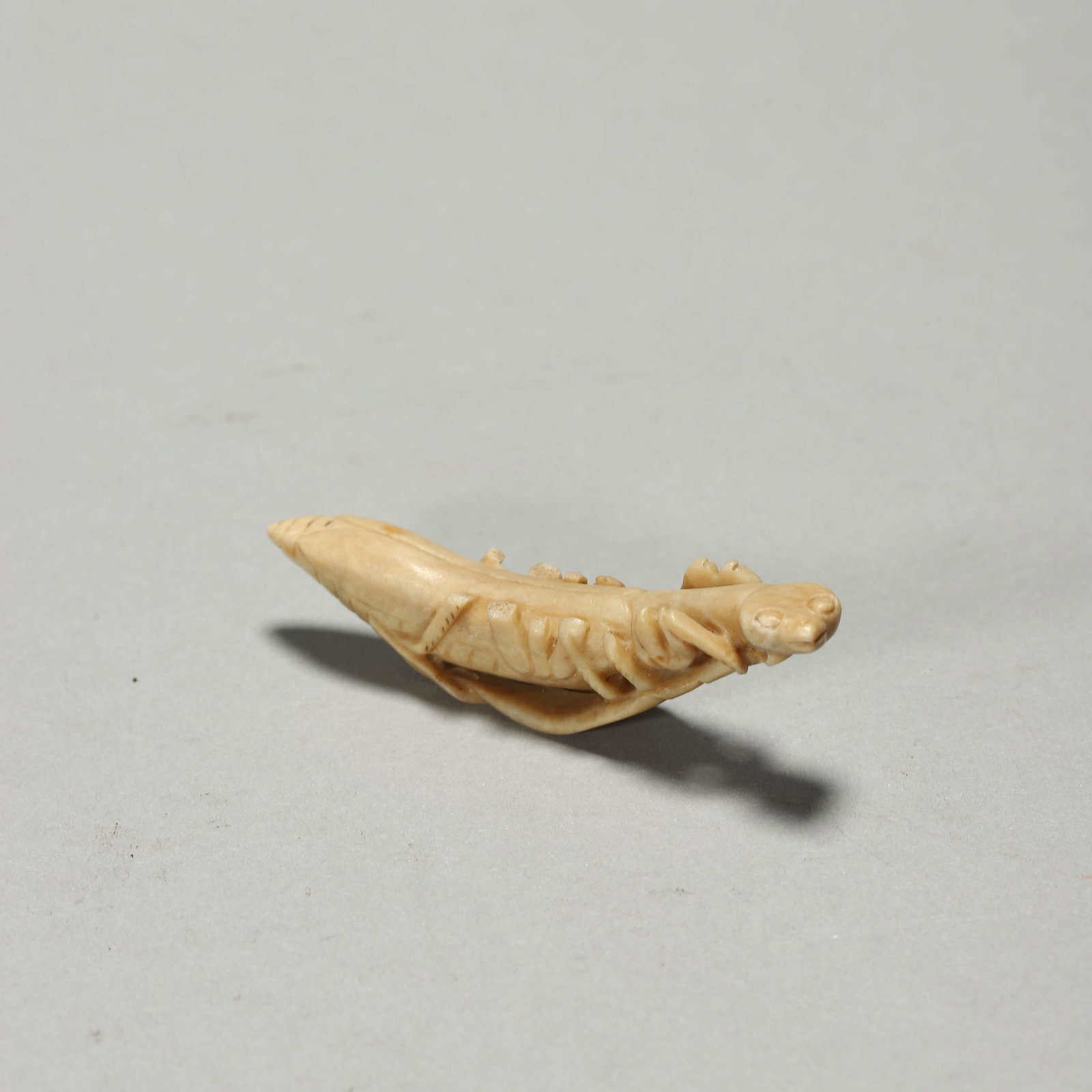A CHICKEN-BONE WHITE JADE PRAYING MANTIS. - 7