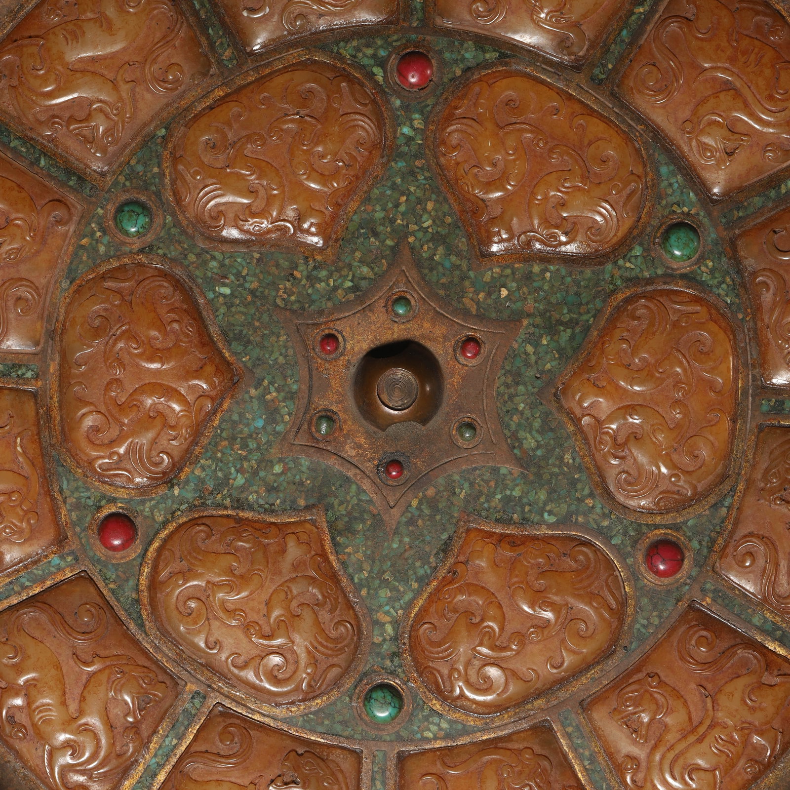 A BRONZE MIRROR WITH JADE INLAY. - 2