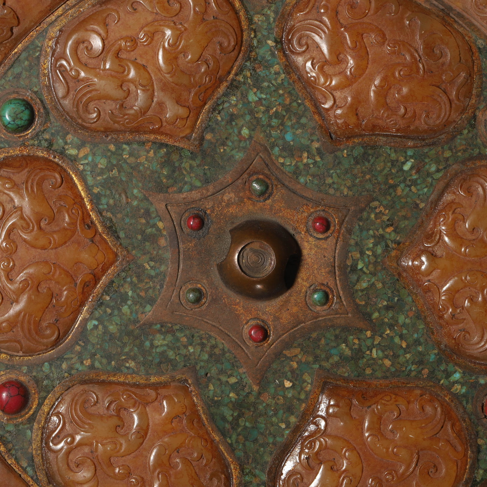 A BRONZE MIRROR WITH JADE INLAY. - 4
