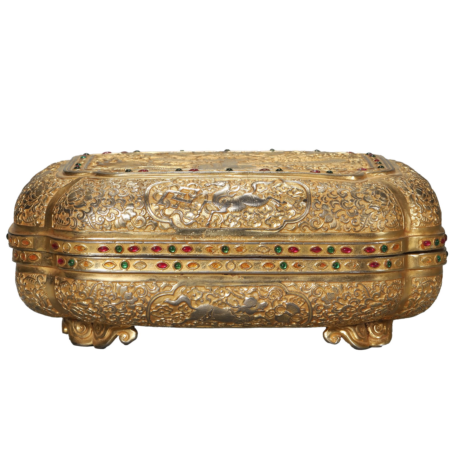 QIANLONG MARK, A GILT-BRONZE COVERED BOX, MARKED “QIANLONG NIAN ZHI,?? POSSIBLY QING DYNASTY,: Length 10 7/16 in (26.5 cm); Width 10 7/16 in (26.5 cm); Height 3 15/16 in (10 cm)
