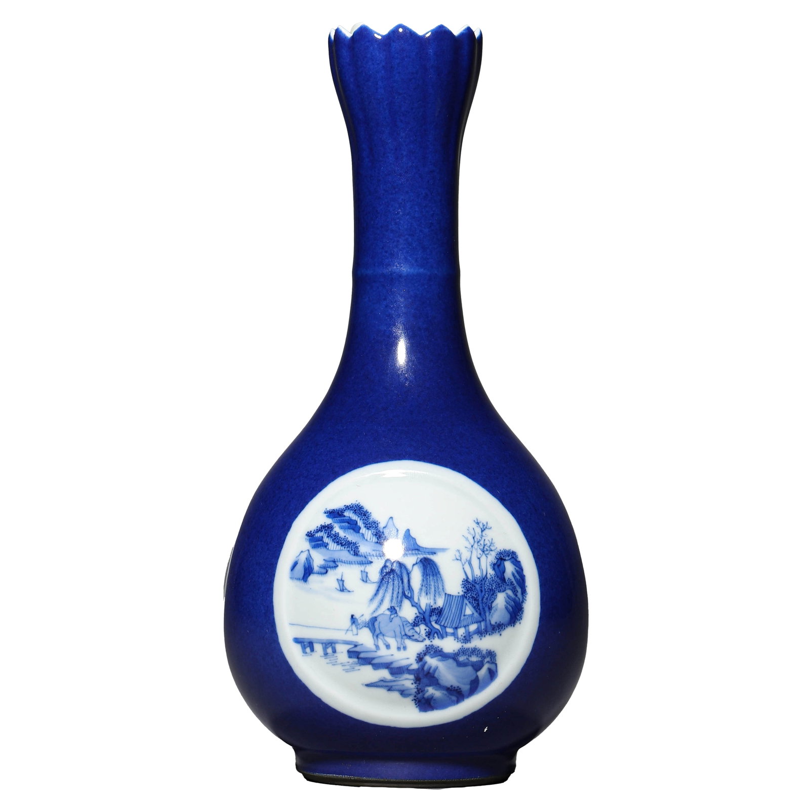 A CHINESE BLUE AND WHITE VASE WITH LANDSCAPE MOTIFS, MARKED "DA QING QIANLONG NIAN ZHI," POSSIBLY: Height: 11 7/16 in. (29 cm)