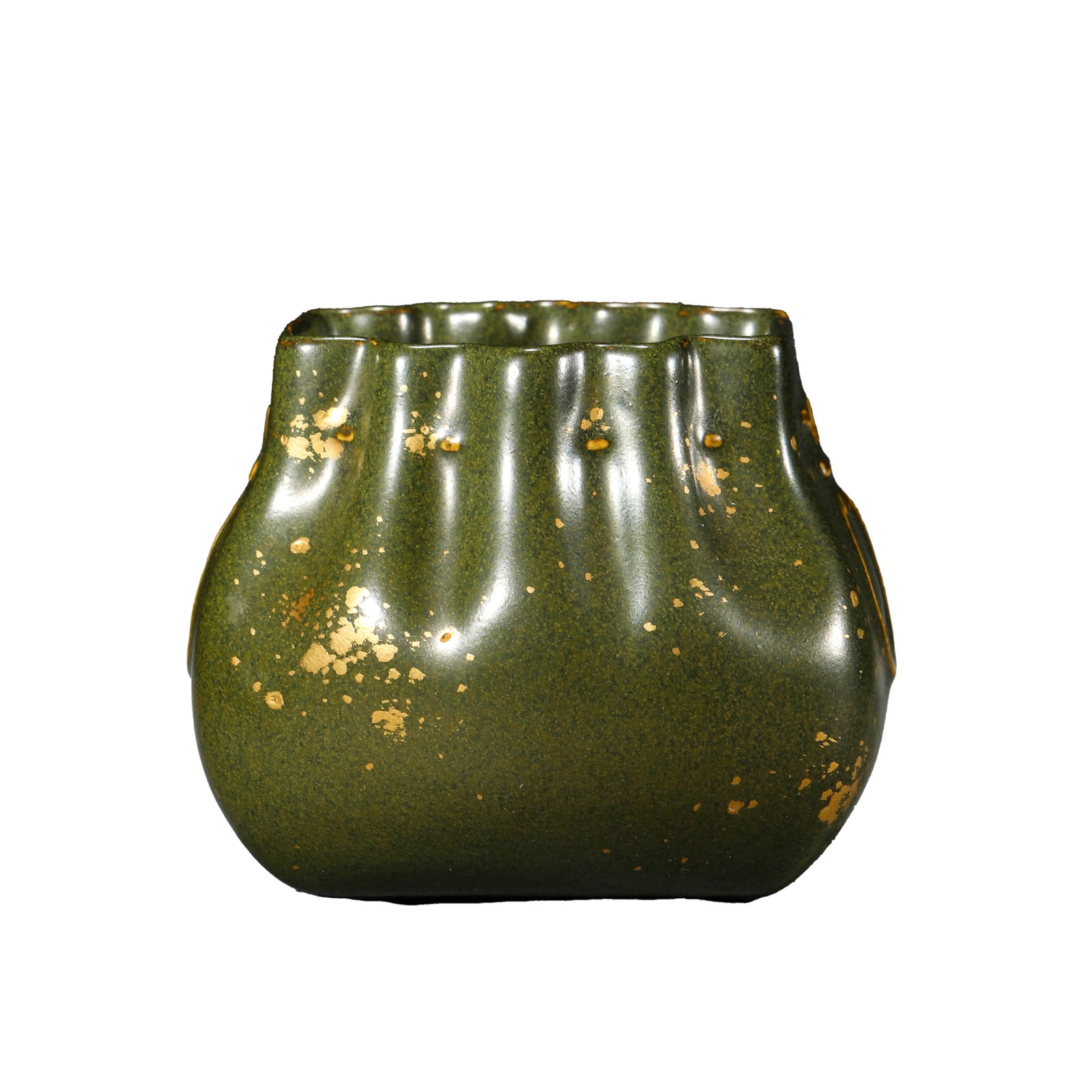 QIANLONG MARK, A GREEN-GLAZED JAR WITH GILT FLORAL DECORATION AND FLARED RIM: Length 4 1/8 × Width 3 15/16 × Height 3 11/32in (10.5 × 10 × 8.5cm)