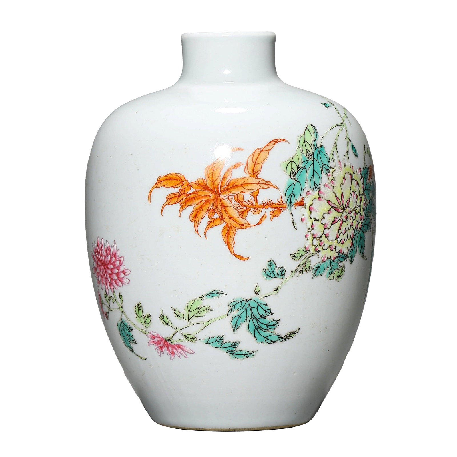 A CHINESE FAMILLE ROSE VASE WITH FLORAL MOTIFS, MARKED "DA QING QIANLONG NIAN ZHI," POSSIBLY QING: Height: 6 1/2 in. (16.5 cm)