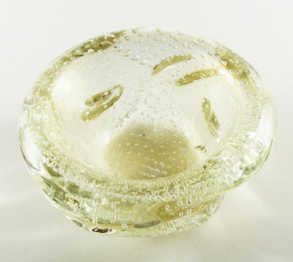 10. SEGUSO Clear Art Glass Dish w/Gold Dust & Bubbles: This is a Vintage Mid-Century Murano Art Glass "Freeform' Clear Dish with Controlled Bubbles and Dusted with Gold. Attributed to ARCHIMEDE SEGUSO. DIMENSIONS: Height: 1 7/8 in. Width: 4 1/2 in. Weight