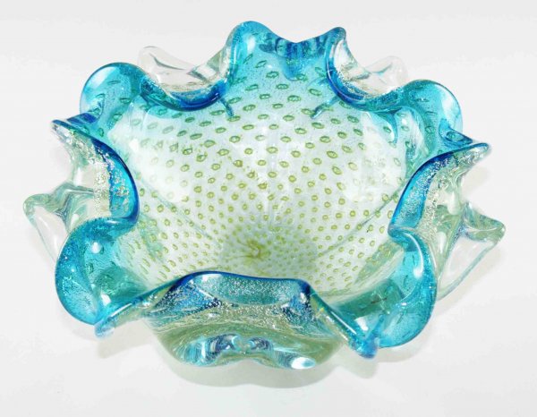 Bullicante Aqua SEGUSO Murano Art Glass Dish: Vintage 1950's Clear and Aqua colored Art Glass Murano dish with interior "bullicante" silver and gold flakes with controlled graduating air bubbles. This piece is attributed to Archimede Seguso. DIME