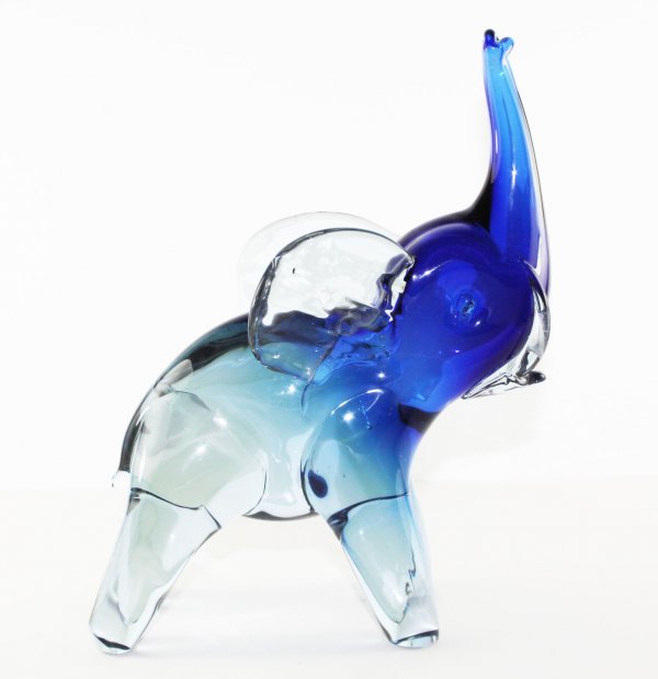 Dark Blue "Sommerso" Murano Art Glass Elephant: This is a DARK BLUE "SOMMERSO" Murano Art Glass Elephant. It's head and trunk are dark blue fading to light blue through out the body and legs, and it's ears are clear. Attributed to ERCOLE BAROVIER.