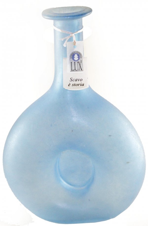 Murano Blue Scavo Bud Vase with Label: Charming light blue scavo bud vase. It has the original paper label that reads "Vetreria Operara Lux" and "Scavo e storia." DIMENSIONS: Length: 5.5 inches Width: 2 inches Height: 8.5 inches Weight: 1