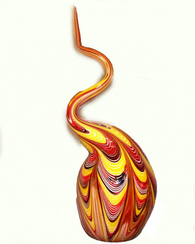 Multi-Colored Murano Art Glass Sculpture: Murano wavy glass sculpture with brown, yellow and red swirled stripes over a white background. DIMENSIONS: Length: 5.5 inches Width: 4.5 inches Height: 15.5 inches