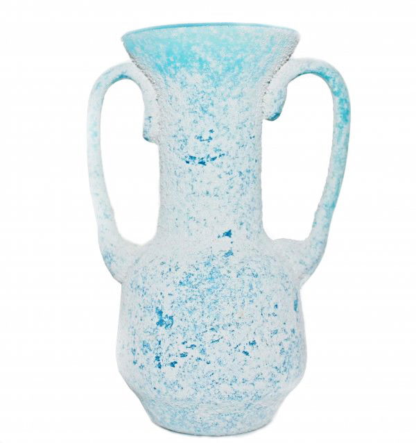 Murano Seguso Corroso Blue/White Amphora: Murano Seguso corroso blue and white amphora vase with two applied handles. DIMENSIONS: Diameter: 2.75 inches Height: 5.25 inches Weight: 11 oz.