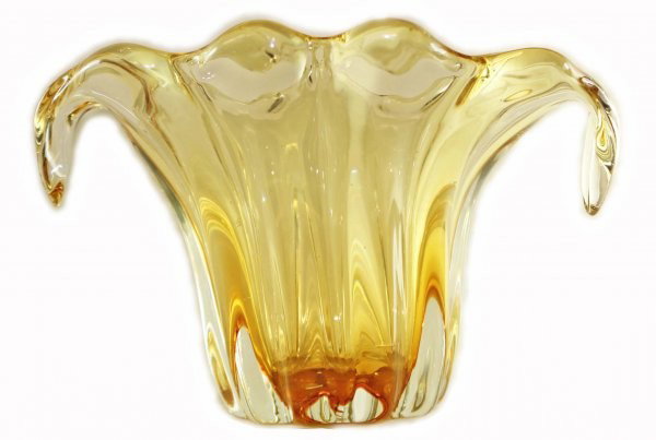 Murano Caramel Sommerso Vase: Murano caramel sommerso freeform vase with turned ends. It has ten ribs. DIMENSIONS: Length: 9.5 inches Width: 5.5 inches Height: 6.25 inches Weight: 3 lb. 5 oz.