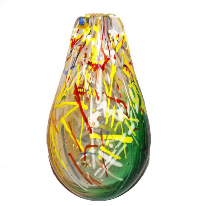 Murano Multi-colored Vase with original sticker: Heavy Murano multi-colored vase. It has yellow, blue, orange and white stripes. The base is translucent green fading to clear at the top. It has controlled bubbles overall. It also has the original st